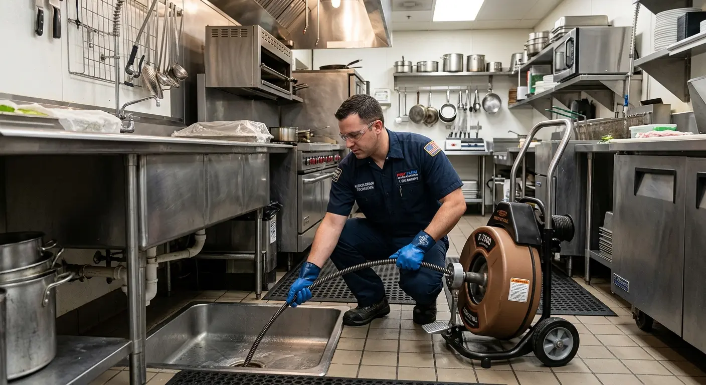 Commercial drain cleaning service in a restaurant kitchen in Bel Air South