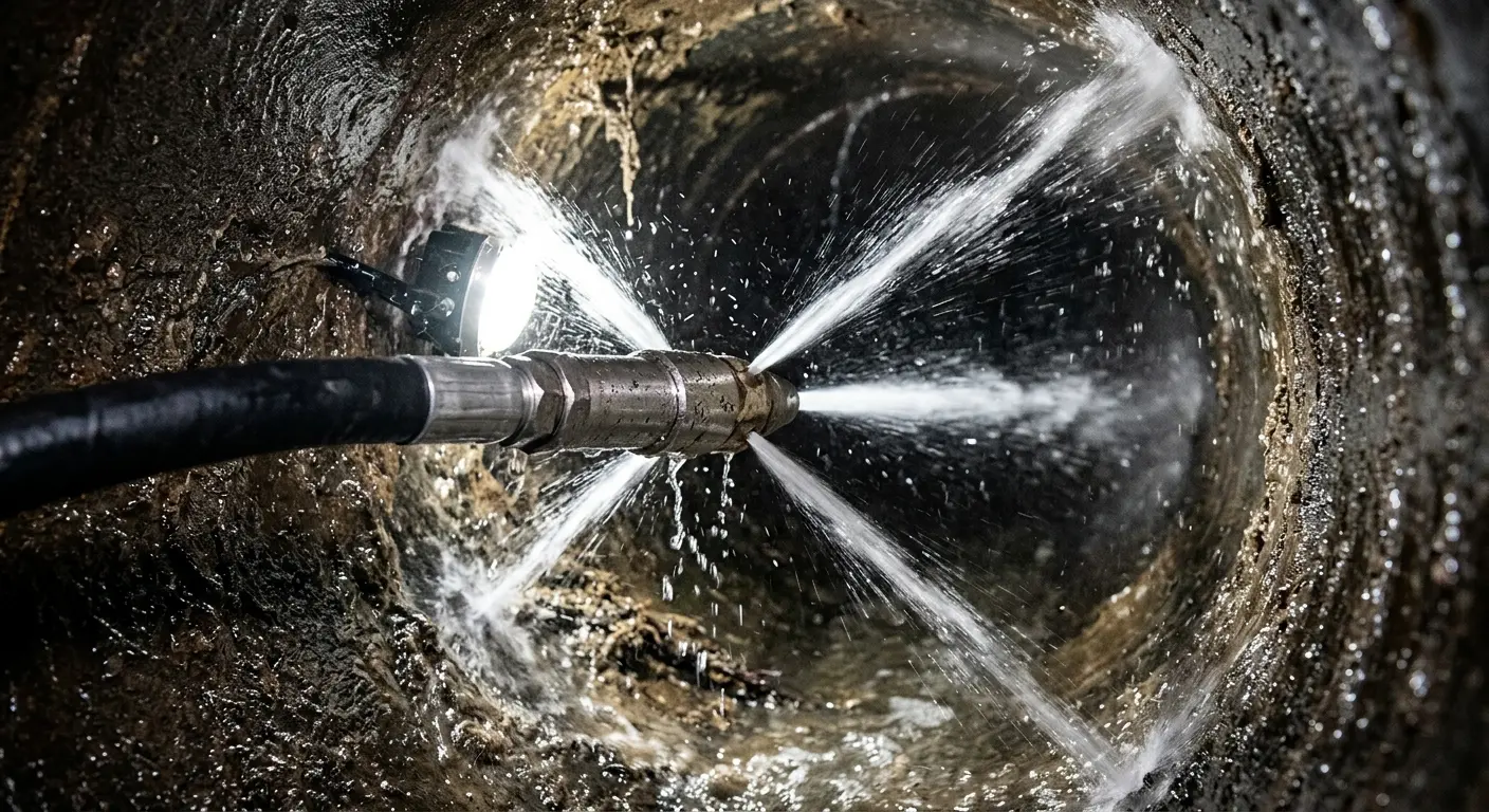 High-pressure hydro jetting nozzle cleaning sewer pipe for Trenchless Sewer Repair in Bel Air South