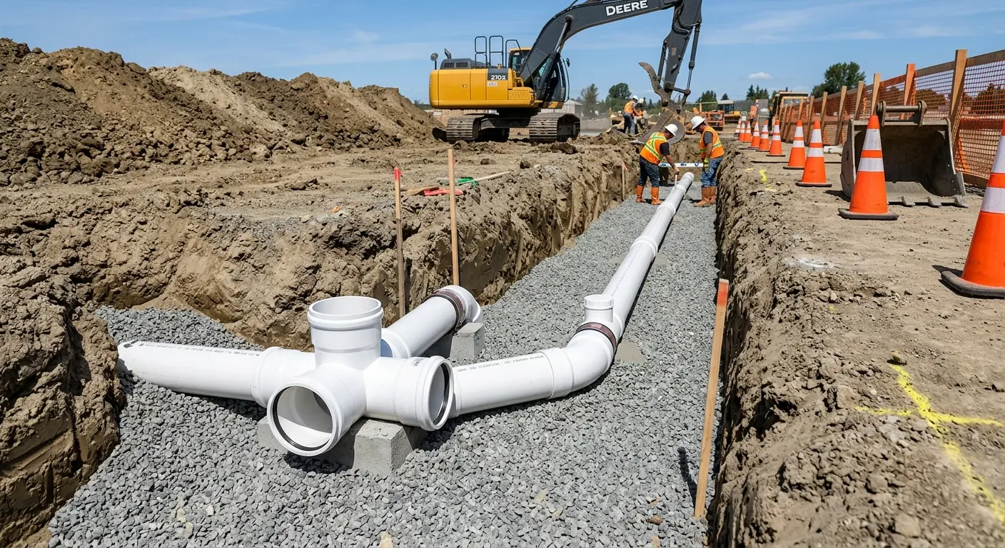 New PVC sewer pipe installation in open trench for Sewer Backup in Bel Air South